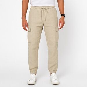 Zara Mens Beige Linen Blend Utility Cargo Jogger Pants Size Large